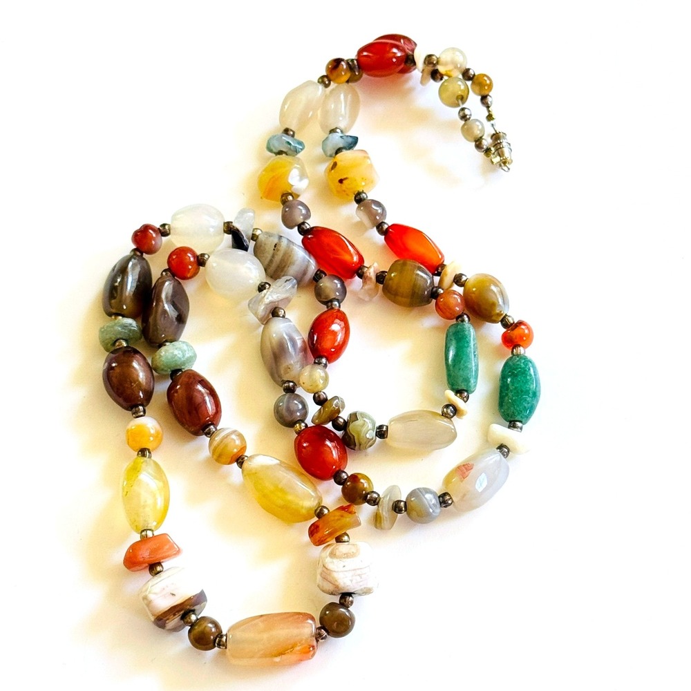 VTG NECKLACe carnelian citrine jasper Beggars‎ Genuine Beads Natural Hippie 34"L